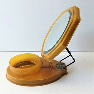 Vintage Vanity 6.5" Folding Mirror & Powder Box (no lid) celluloid amber color